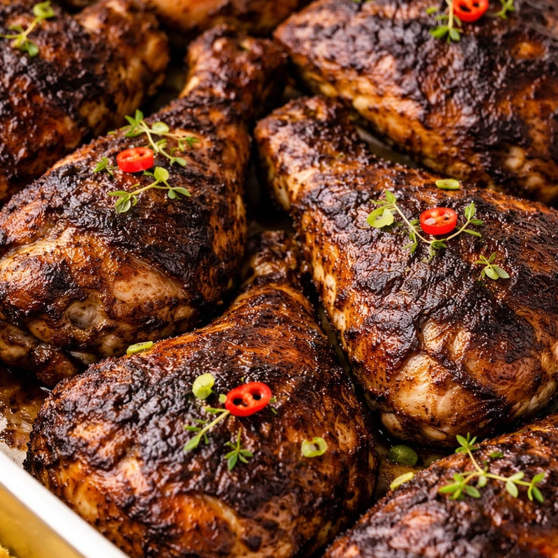 Baked jerk  chicken thighs with red peppers and herbs in a white dish