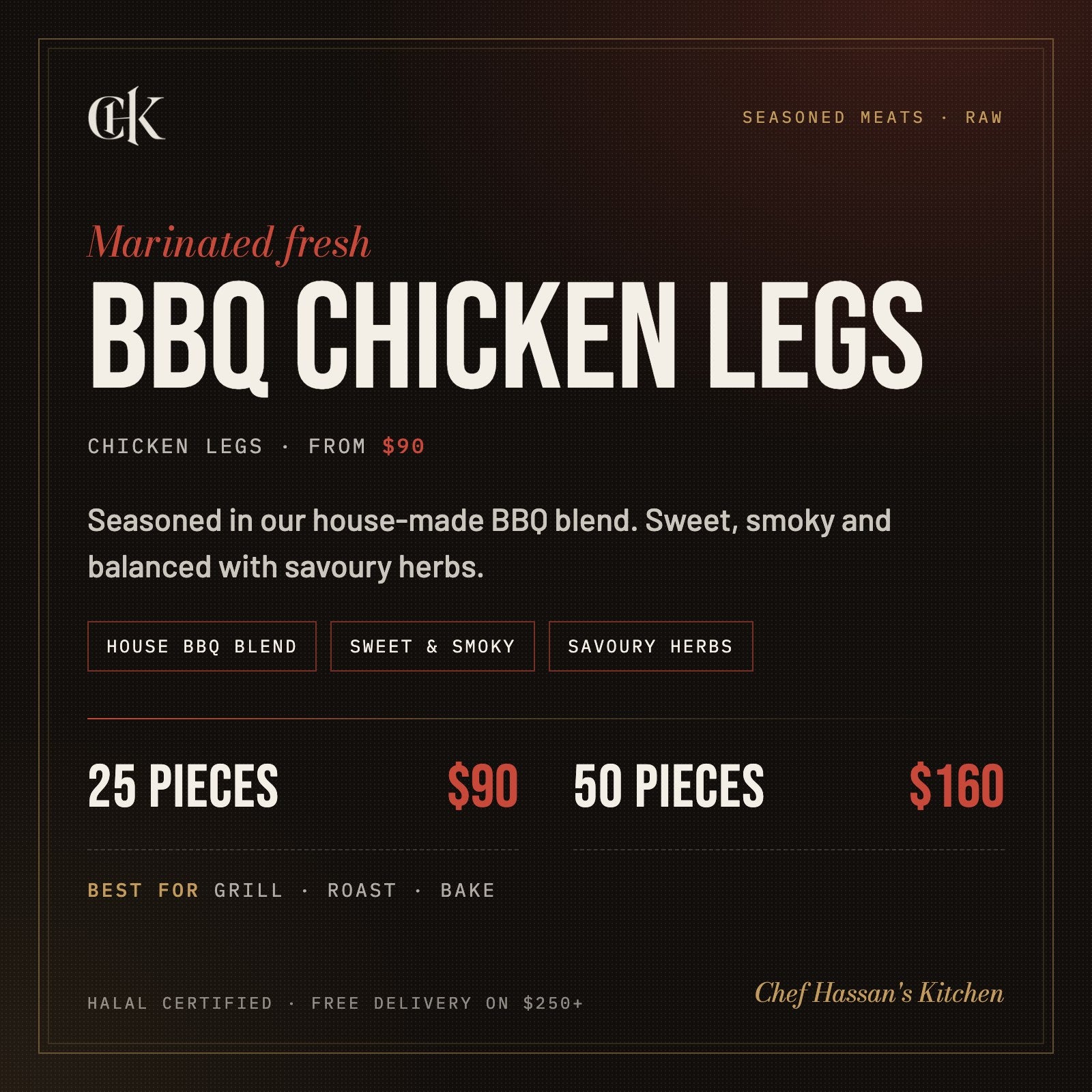 Halal BBQ Chicken Legs (Raw) menu card
