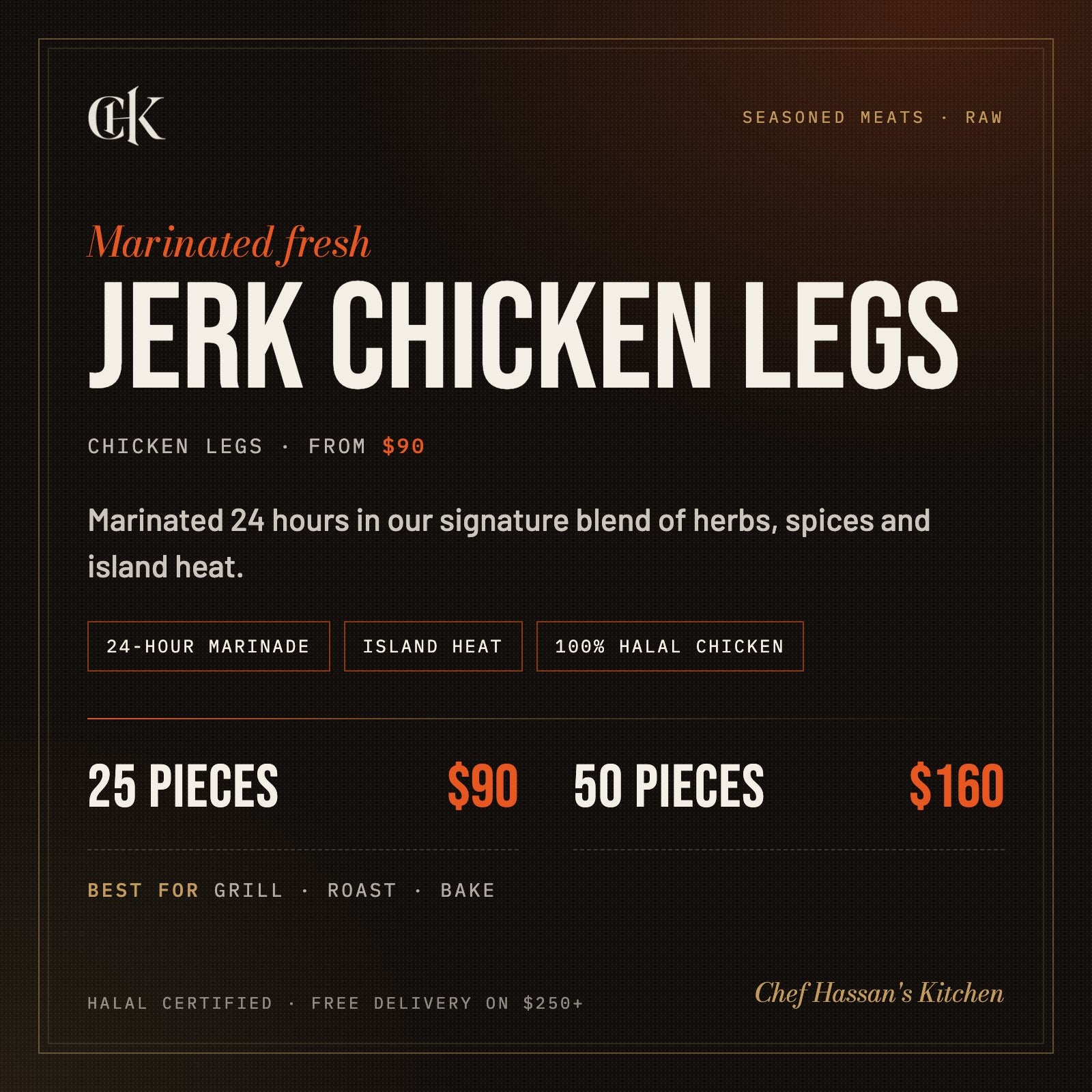 Halal Jerk Chicken Legs (Raw) menu card