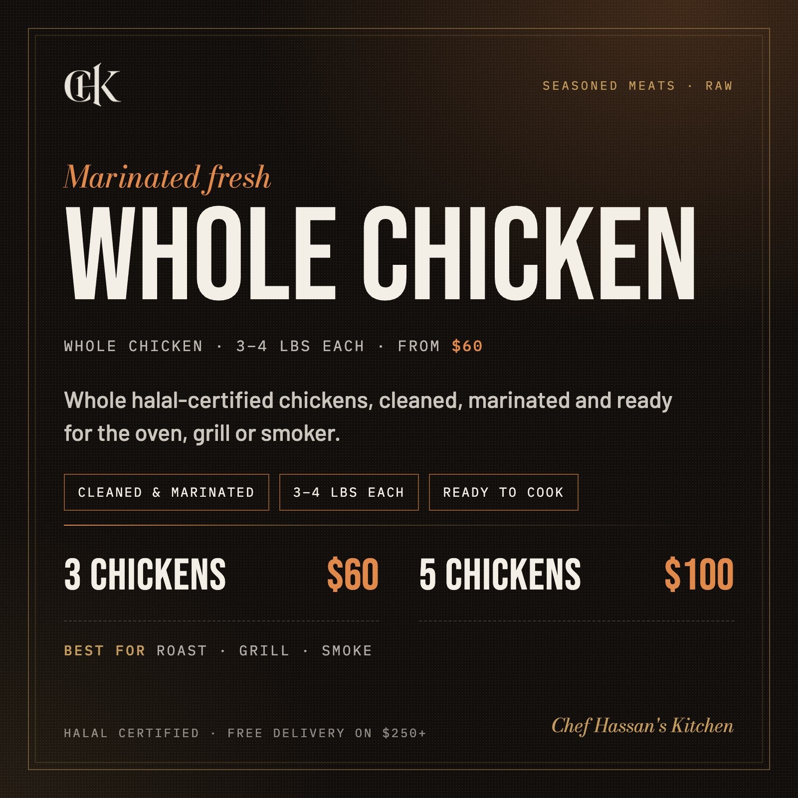 Halal Whole Chicken (Raw) (3-4 lbs each) menu card