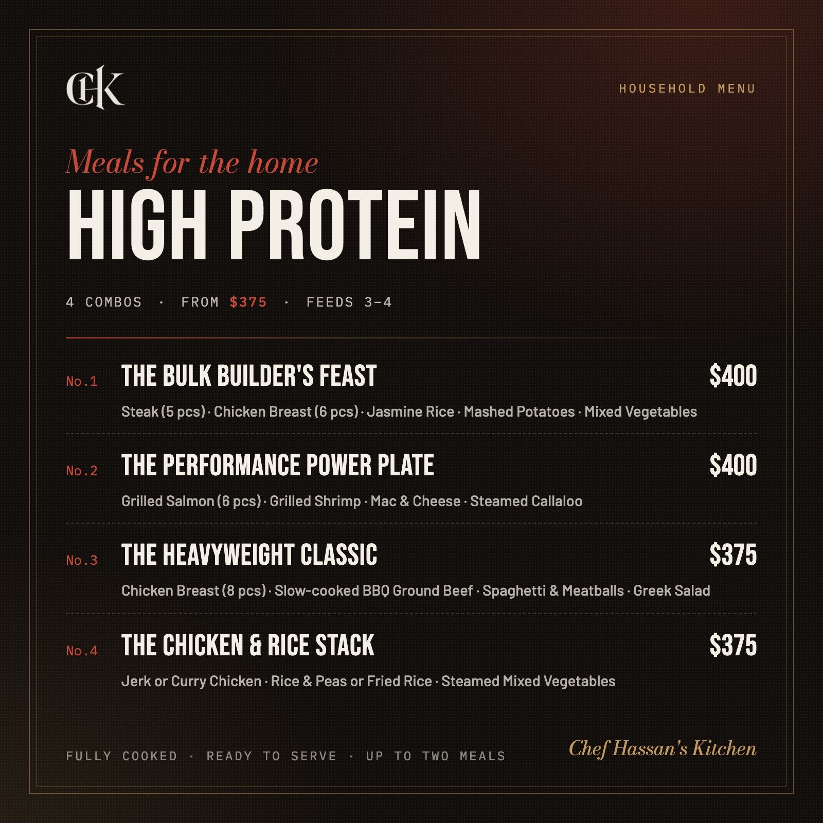 High Carb/High Protein Meals menu card